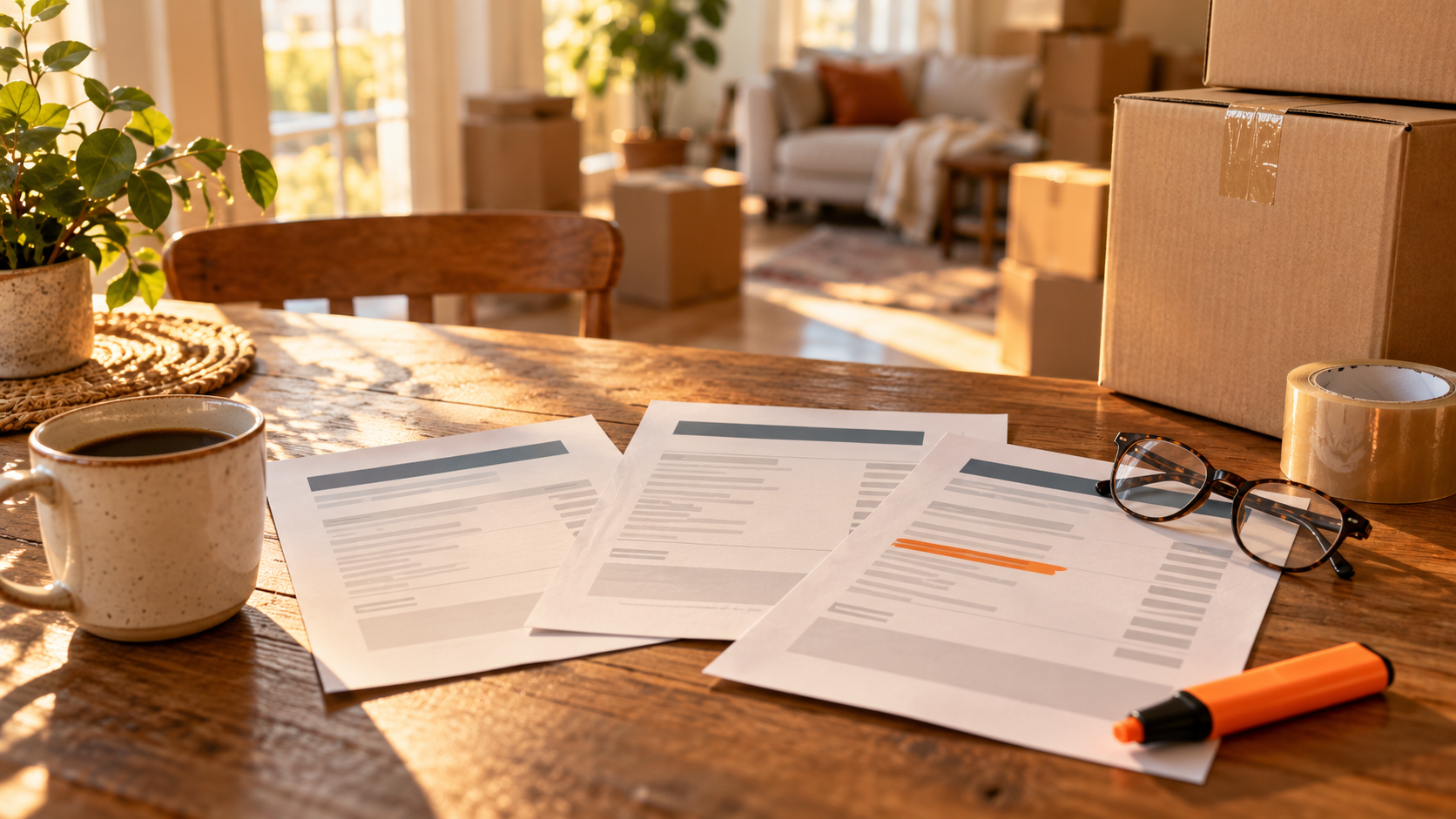 Sunlit kitchen table mid-move: moving estimates fanned out with an orange highlighter stroke across the front page, reading glasses, packing tape, and sealed boxes behind